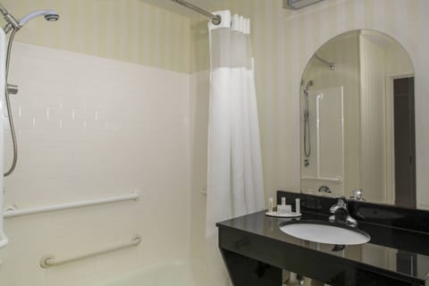 Combined shower/tub, free toiletries, hair dryer, towels