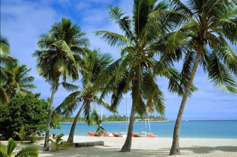 On the beach, white sand, sun loungers, beach umbrellas