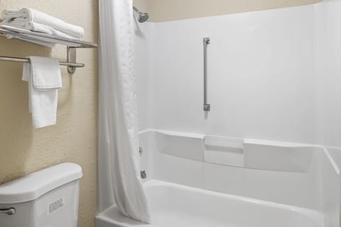 Combined shower/tub, free toiletries, hair dryer, towels