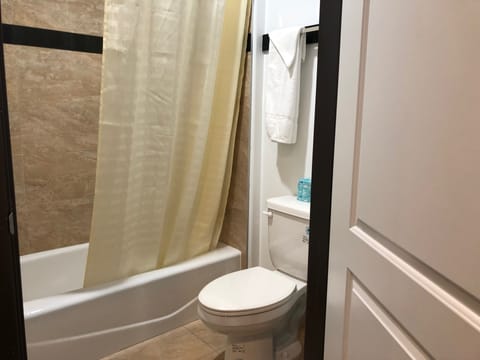 Combined shower/tub, deep soaking tub, towels