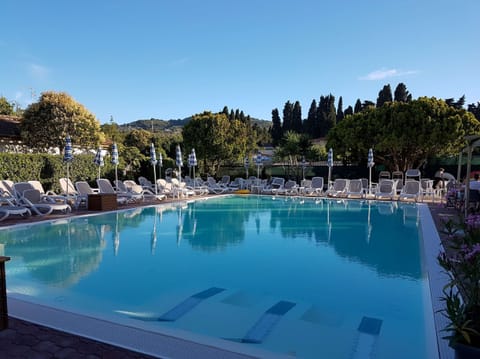 Seasonal outdoor pool, pool umbrellas, sun loungers