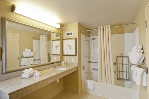 Combined shower/tub, free toiletries, hair dryer, towels