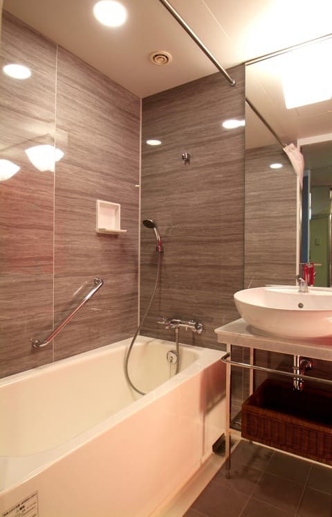 Combined shower/tub, eco-friendly toiletries, hair dryer, slippers