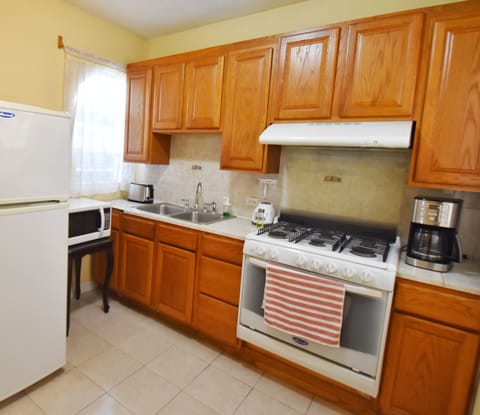 Deluxe Apartment, 2 Bedrooms, Ground Floor | Private kitchen | Fridge, microwave, oven, stovetop