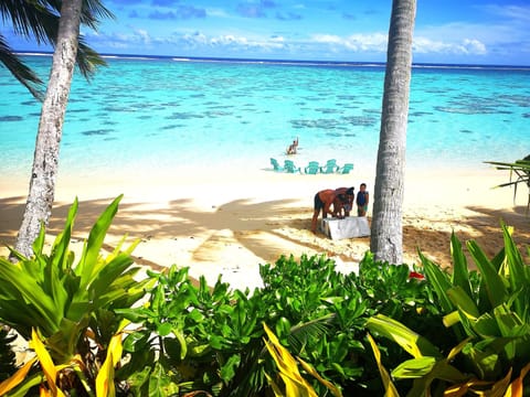 On the beach, white sand, beach towels, snorkeling