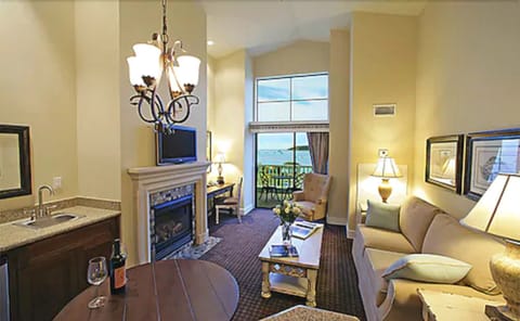 36-inch flat-screen TV with satellite channels, TV, fireplace