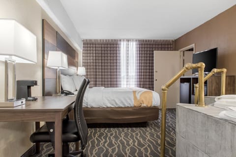 Desk, blackout drapes, soundproofing, iron/ironing board