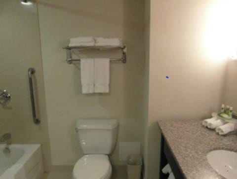 Combined shower/tub, free toiletries, hair dryer, towels