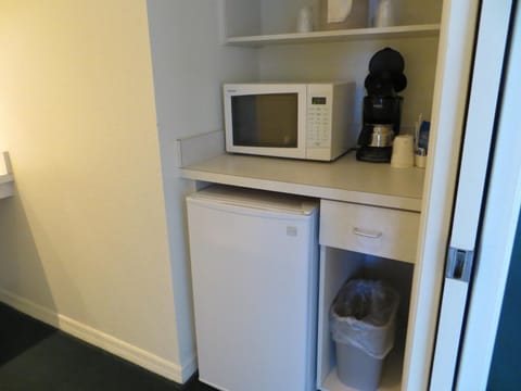 Fridge, microwave, coffee/tea maker, electric kettle