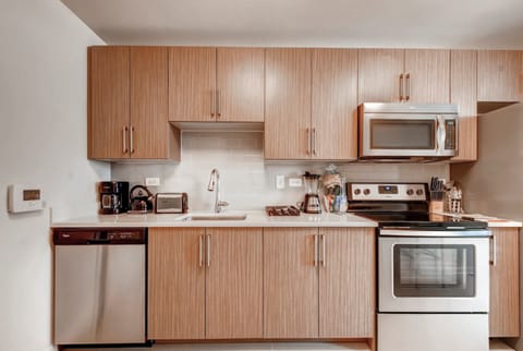 Luxury Studio | Private kitchen | Full-size fridge, microwave, oven, stovetop