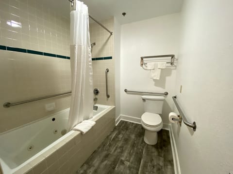 Combined shower/tub, free toiletries, hair dryer, towels