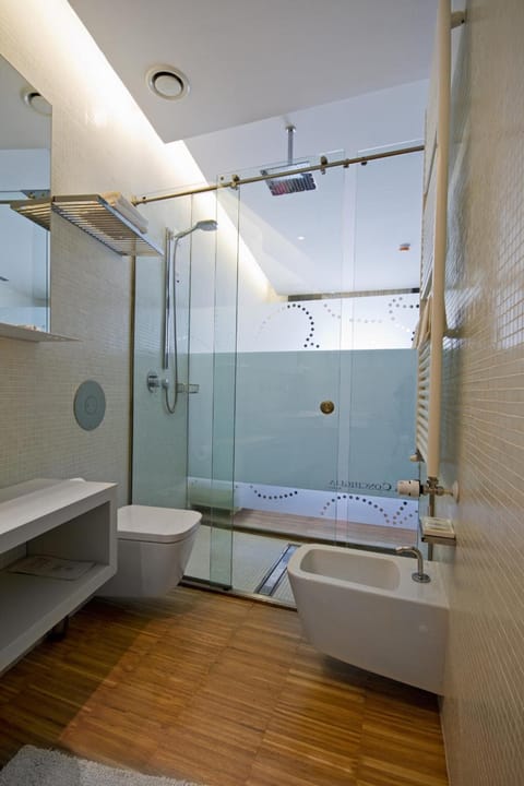 Combined shower/tub, hair dryer, bidet, towels