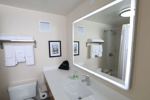 Combined shower/tub, hair dryer, towels