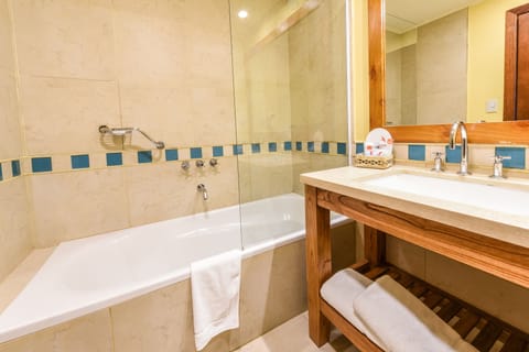 Combined shower/tub, hair dryer, bidet, towels