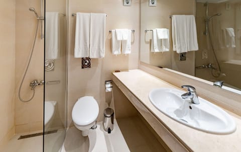 Shower, rainfall showerhead, designer toiletries, hair dryer