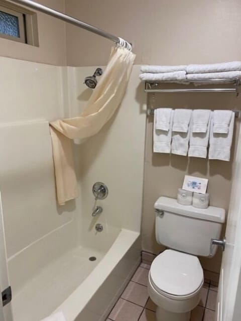 Combined shower/tub, free toiletries, towels