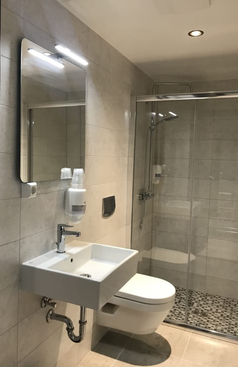 Shower, hydromassage showerhead, hair dryer, heated floors