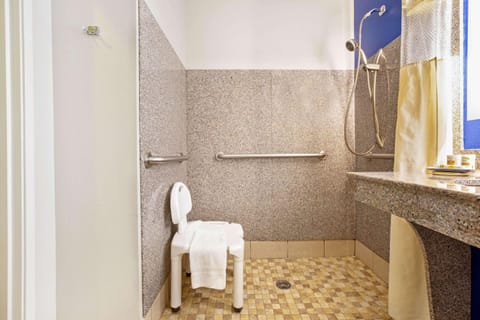 Combined shower/tub, free toiletries, hair dryer, towels