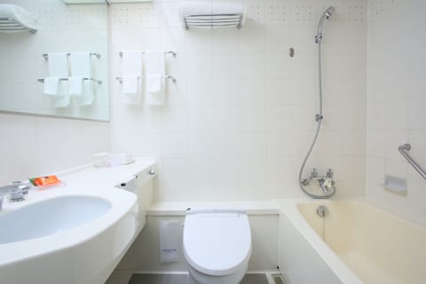 Combined shower/tub, free toiletries, hair dryer, slippers