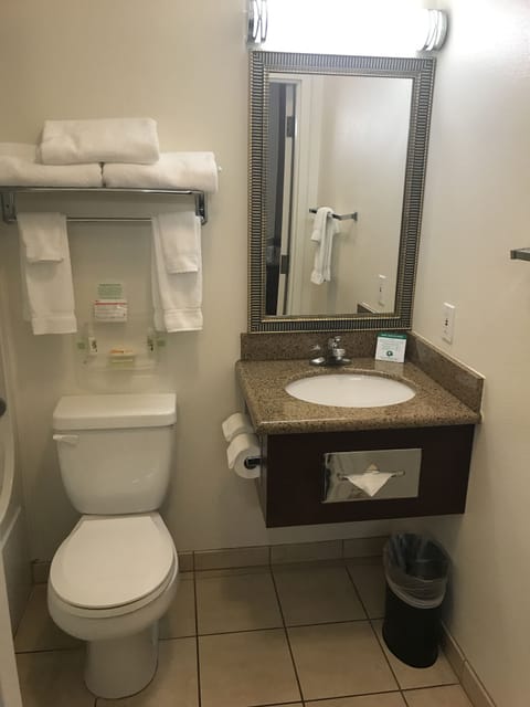 Combined shower/tub, free toiletries, hair dryer, towels