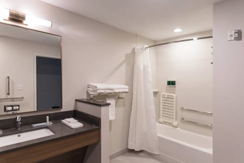 Combined shower/tub, free toiletries, hair dryer, towels