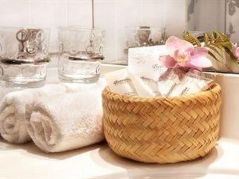 Shower, rainfall showerhead, hair dryer, bathrobes