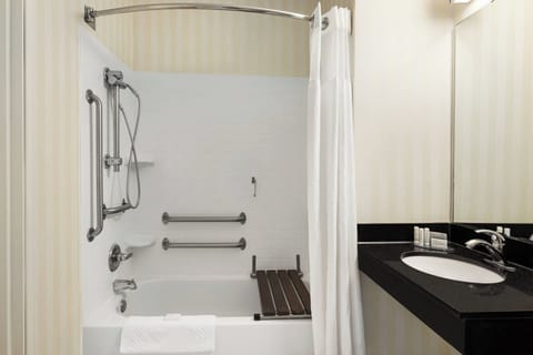 Combined shower/tub, hydromassage showerhead, designer toiletries