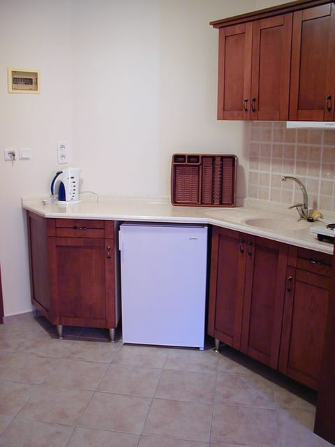 Fridge, microwave, electric kettle, cookware/dishes/utensils