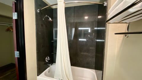 Combined shower/tub, free toiletries, hair dryer, towels