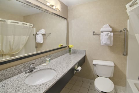 Combined shower/tub, free toiletries, hair dryer, towels