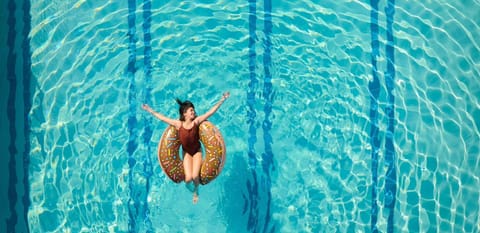 Indoor pool, outdoor pool, pool umbrellas, sun loungers