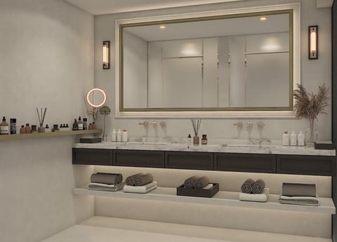 Rainfall showerhead, designer toiletries, hair dryer, slippers