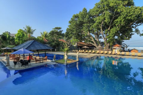Outdoor pool, pool umbrellas, sun loungers