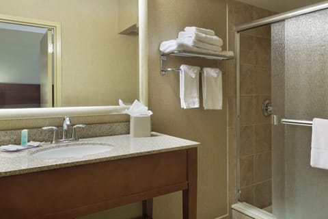 Combined shower/tub, free toiletries, hair dryer, towels