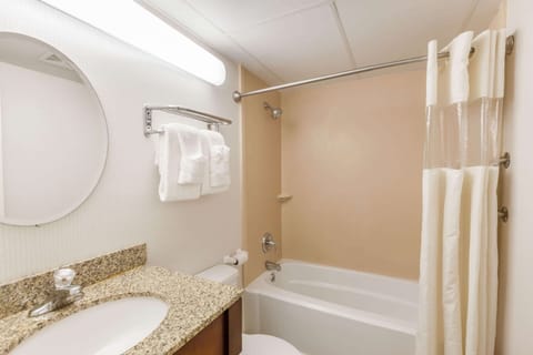 Combined shower/tub, free toiletries, hair dryer, towels