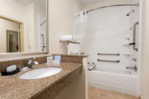 Combined shower/tub, free toiletries, hair dryer, towels