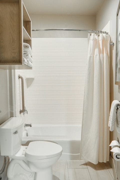 Combined shower/tub, free toiletries, hair dryer, towels