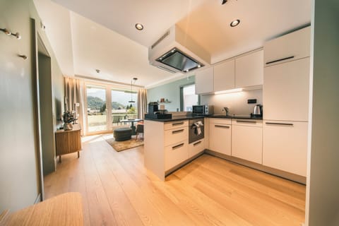 Luxe Apartment 350 | Private kitchen | Full-size fridge, microwave, oven, stovetop