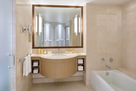 Separate tub and shower, eco-friendly toiletries, hair dryer, bathrobes