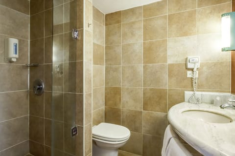 Shower, eco-friendly toiletries, hair dryer, towels