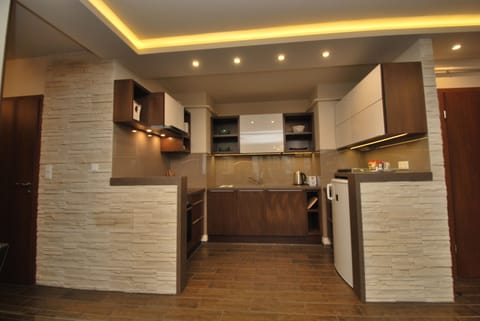 Elite Apartment, Non Smoking, Terrace | Private kitchen | Full-size fridge, microwave, oven, stovetop