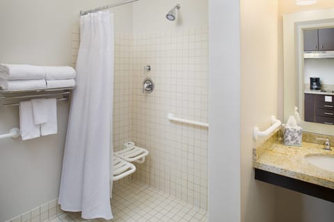 Combined shower/tub, free toiletries, hair dryer, towels