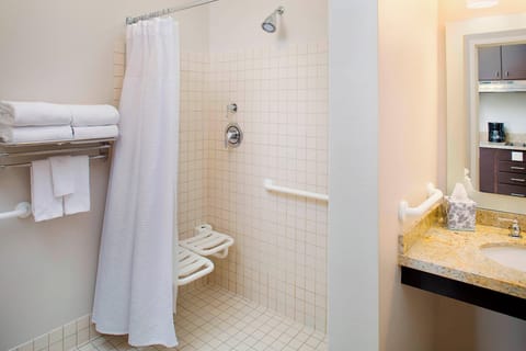 Combined shower/tub, free toiletries, hair dryer, towels