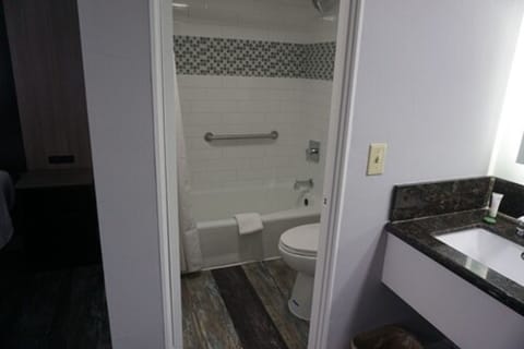 Combined shower/tub, free toiletries, hair dryer, towels