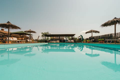 Seasonal outdoor pool, sun loungers
