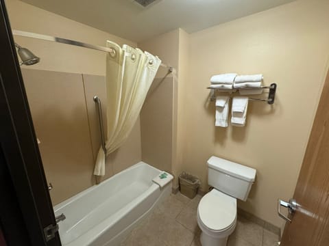 Combined shower/tub, deep soaking tub, free toiletries, hair dryer