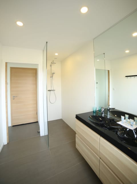 Shower, rainfall showerhead, hair dryer, towels