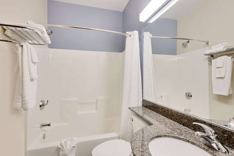 Combined shower/tub, free toiletries, hair dryer, towels