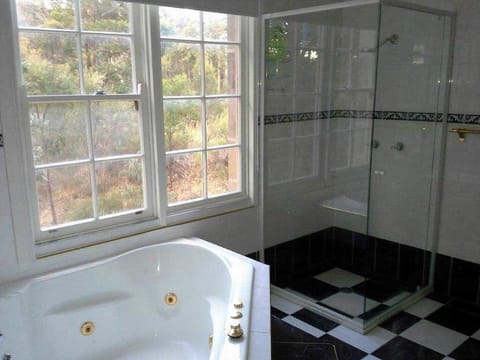 Separate tub and shower, jetted tub, free toiletries, hair dryer