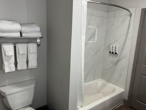 Combined shower/tub, hair dryer, towels